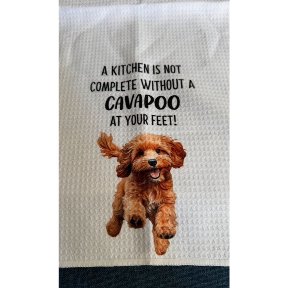 Cavapoo Dog Kitchen Towel White Waffle Weave Dish Towel Puppy Lover Gift 16x24